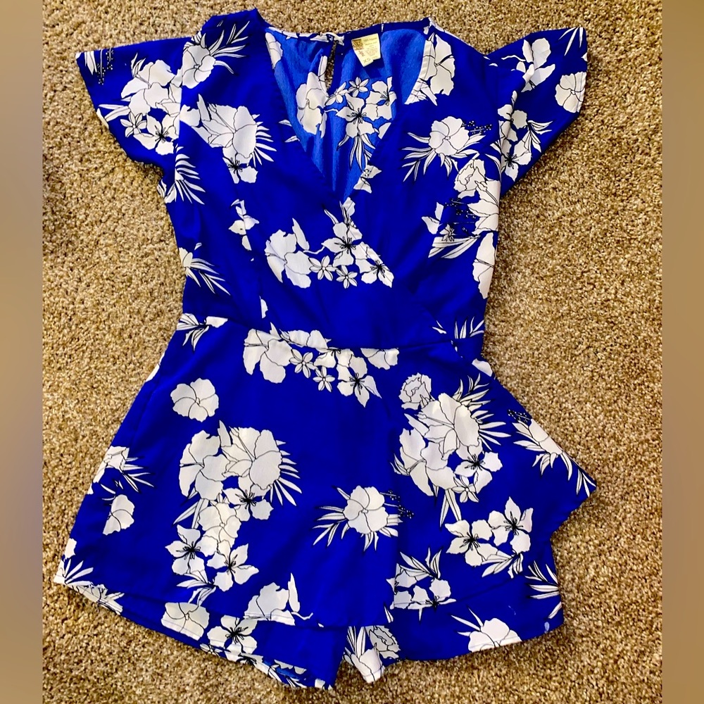 Royal blue romper, size xs, light weight floral pattern.